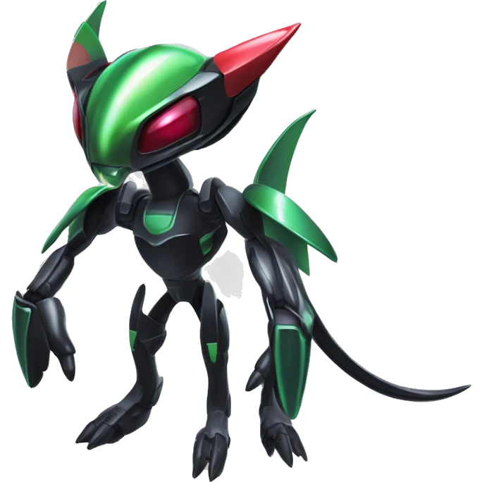 a shiny metallic black Genesect-Flygon-Raptor-Fakémon-Medabot-hybrid with a futuristic visor-helmet full body emoji