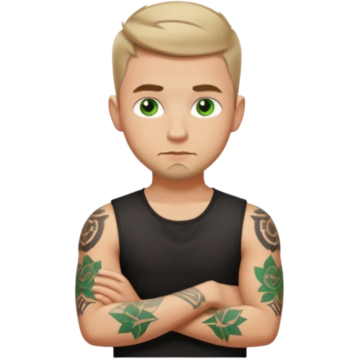 White young man with short dark taper fade hair cut and slight goatee and neutral expression with his arms folded. Green eyes and arm tattoos emoji