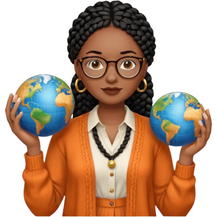 a young woman wearing fine gold round glasses and black hair in several box braids, no earrings, she has light black skin, and she's wearing a white shirt with an orange-terracotta cardigan on top. She's holding a globe in one hand emoji