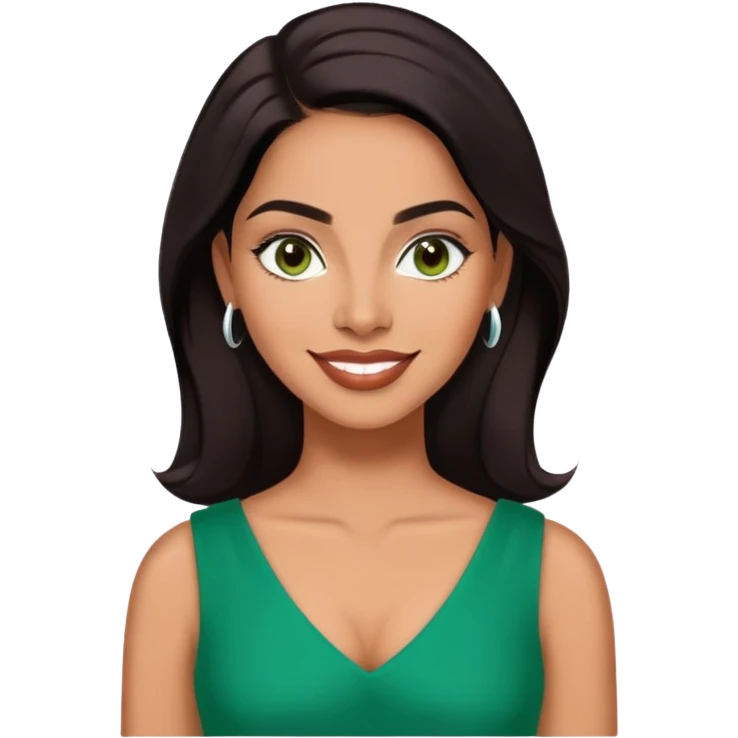 Professional portrait of Lynette Torres, Puerto Rican actress with radiant medium brown skin, charismatic expression, bright dark eyes, beautifully shaped eyebrows, charming smile, long sleek dark hair, wearing an elegant green top emoji