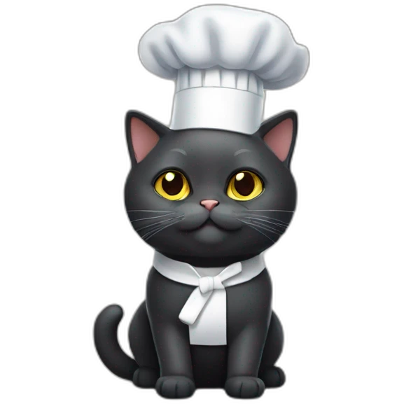 Black British shorthair cat wearing a chef hat emoji