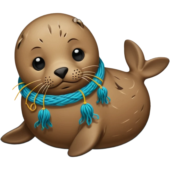 Realistic Seal Stauck with his head in a fishing yarn in the ocean, with plastic floating around emoji
