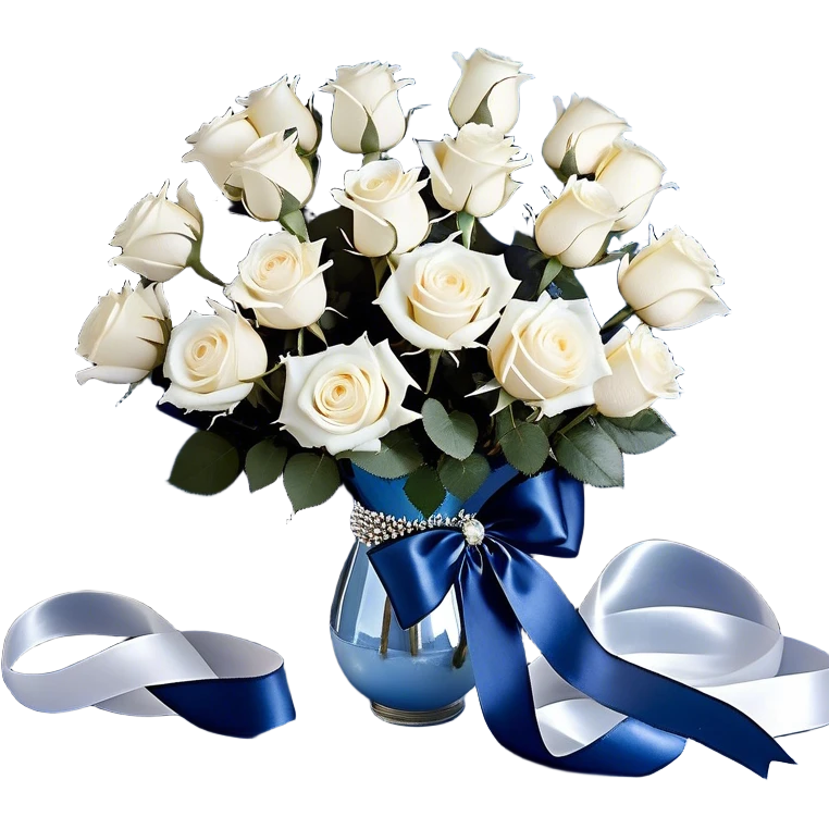A deep midnight blue velvet background sets the stage for a mesmerizing arrangement of frosty blue and pure white roses, bound together with a delicate pearl-beige ribbon. The ribbon’s edges curl elegantly, as if dancing in an invisible breeze. Floating nearby, metallic pearl balloons in icy silver, misty blue, and opalescent white reflect the ambient glow, creating an ethereal, moonlit atmosphere. Scattered pearl beads and soft candlelight add depth and intimacy to the scene. emoji
