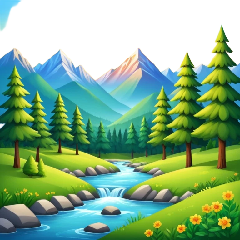 nature landscape with mountains, trees, and sun emoji