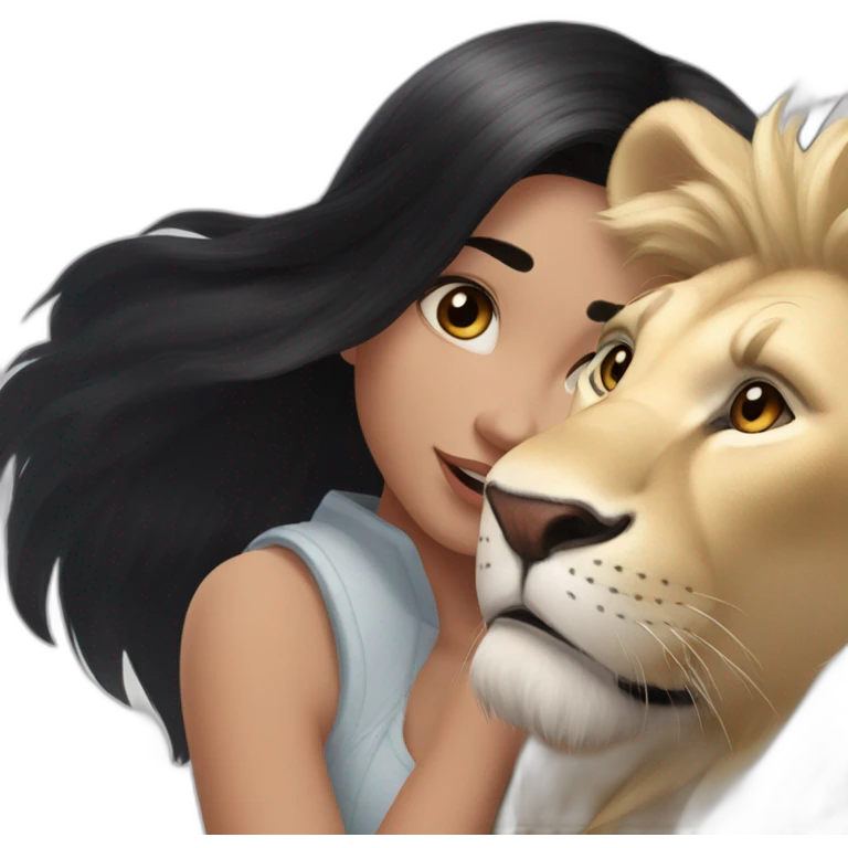white skin and black straight hair and black eyes  Disney smile girl with a lion emoji