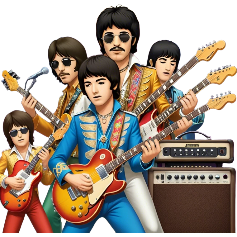 Rock music icon: dynamic collage of global rock legends like The Beatles, Jimi Hendrix, Elvis Presley, Led Zeppelin, Queen, and Nirvana, surrounded by guitars, amplifiers, and stage lights. Symbolizing the energy and power of rock music. Transparent background. emoji