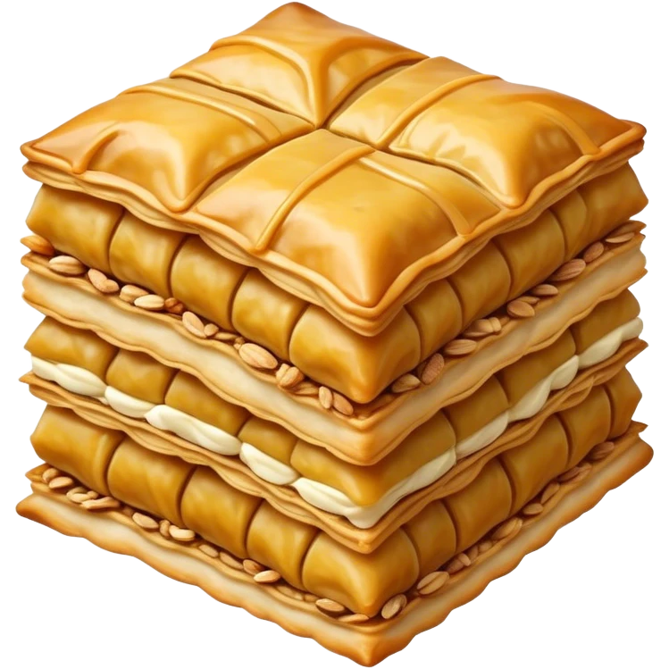 Cinematic Realistic Baklava Dessert Emoji, depicted as layers of flaky pastry with honey and nuts rendered with rich textures and warm, inviting lighting. emoji