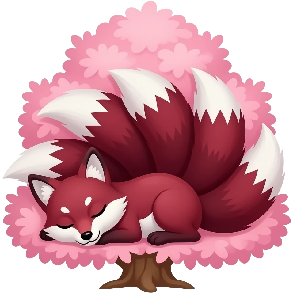 dark red and white nine tailed fox sleeping in pink tree leaves emoji