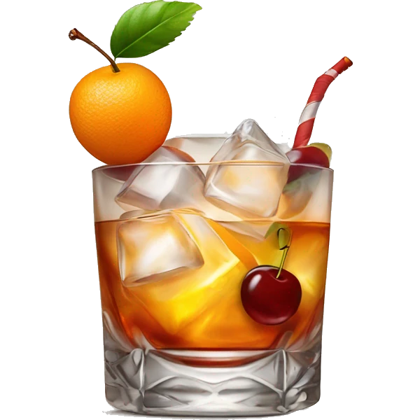 Old fashioned cocktail in an old fashioned glass with an orange twist and a cherry emoji