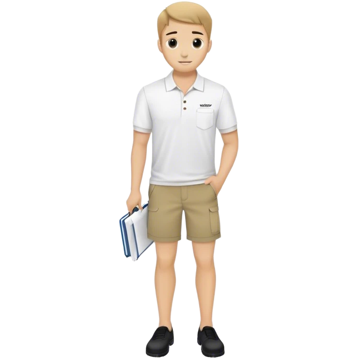 Pool attendant. white polo shirt. khaki shorts. black.  writing on paper emoji