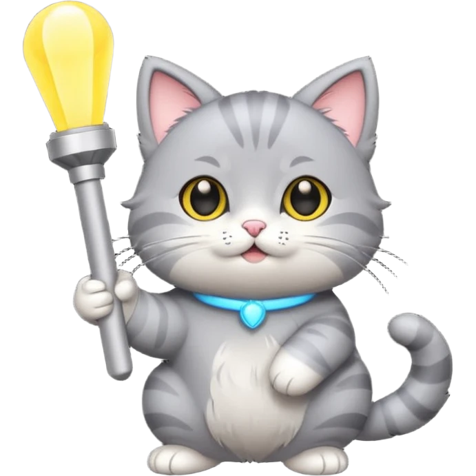 chibi cute gray cat holding a light stick happily emoji