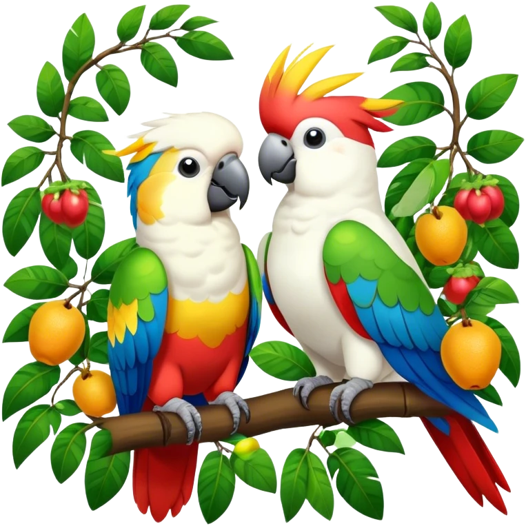 Close-up of colorful parrots Ara and Cockatoo Inca perched on tree branches, surrounded by lush greenery. Bright, vivid feathers contrast with the natural background of trees, leaves, fruits. Soft natural light, enhancing vibrant colors. Transparent background. emoji