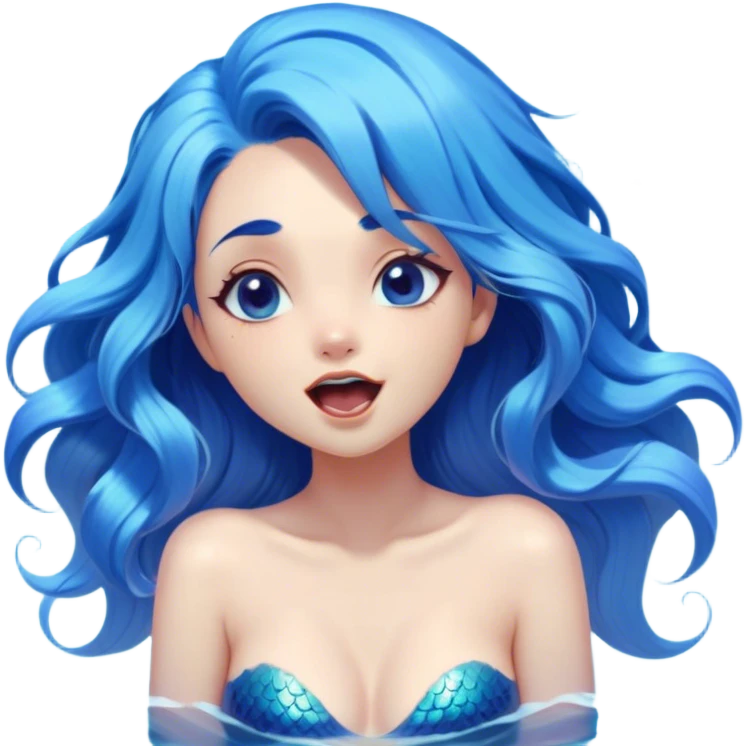 Cinematic Realistic Blue Hair Mermaid Portrait, head tilted slightly with a dramatic, wide-open yawn, revealing a tender, relaxed visage with intricately detailed, tanned skin and vibrant, cascading blue hair softly billowing around her. Her dreamy eyes exude a serene, aquatic charm, rendered with gentle underwater lighting and a soft, high-shine finish that captures the essence of a drowsy yet captivating mermaid drifting into tropical slumber. emoji