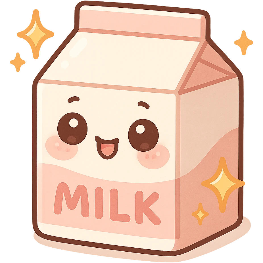 chibi sticker-style milk carton with sparkles, cute and exaggerated emoji
