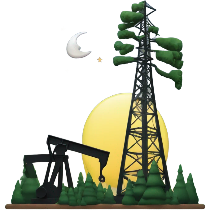 Pine trees with crescent moon and oil derrick emoji