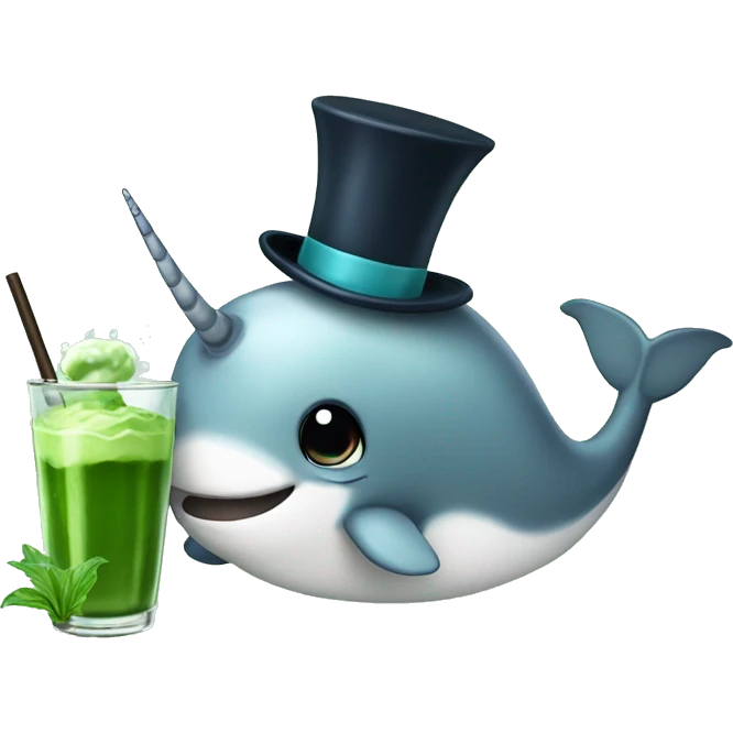 Narwhal with top hat drinking a matcha emoji