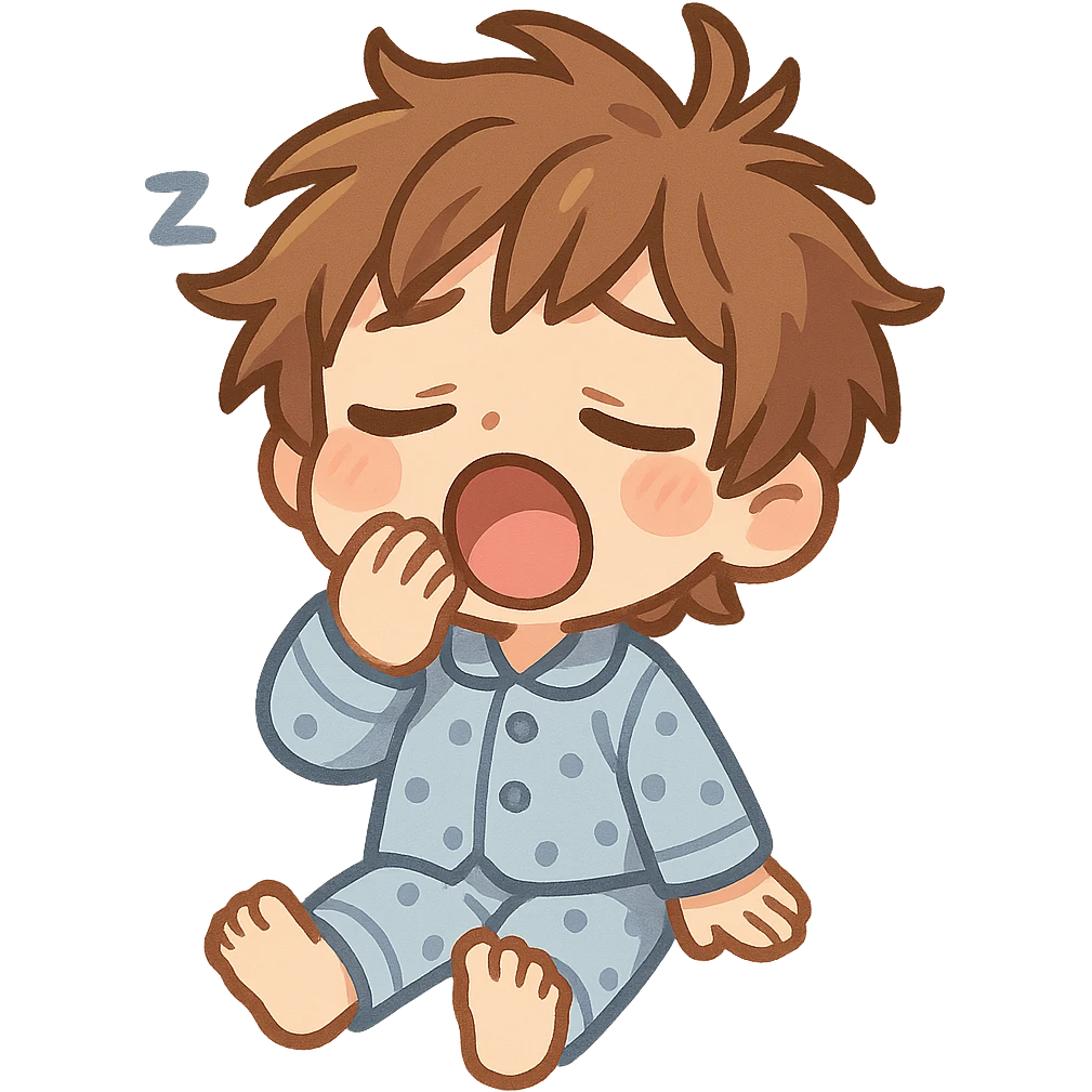 cartoon style emoji of a character who just woke up, messy hair, sleepy eyes, yawning, cozy pajamas emoji