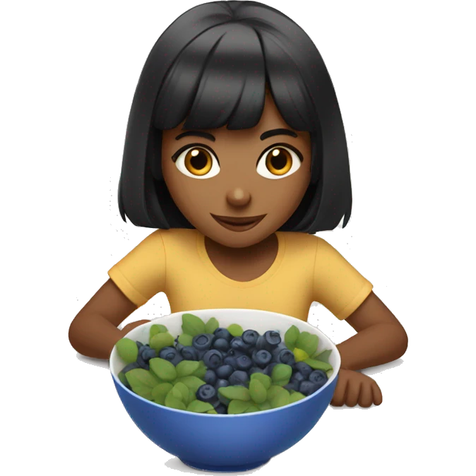 brown girl with black hair with bangs eating blueberries in bowl emoji