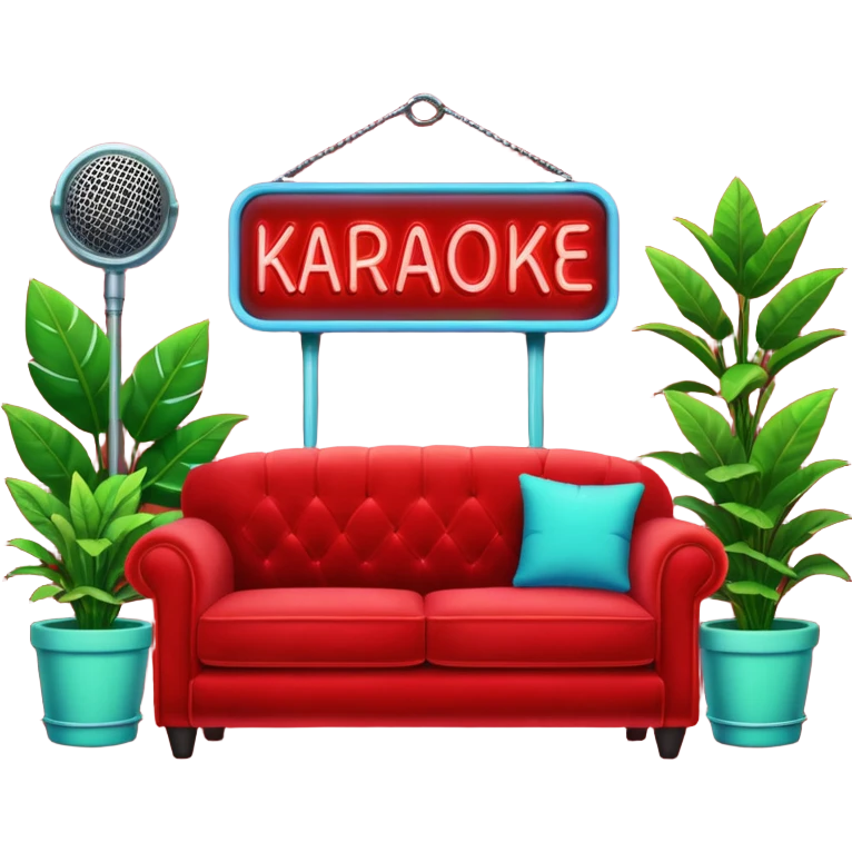 red velvet couch, mic in front, houseplants in back, and a neon sign saying "karaoke", and NO PEOPLE IN IT emoji