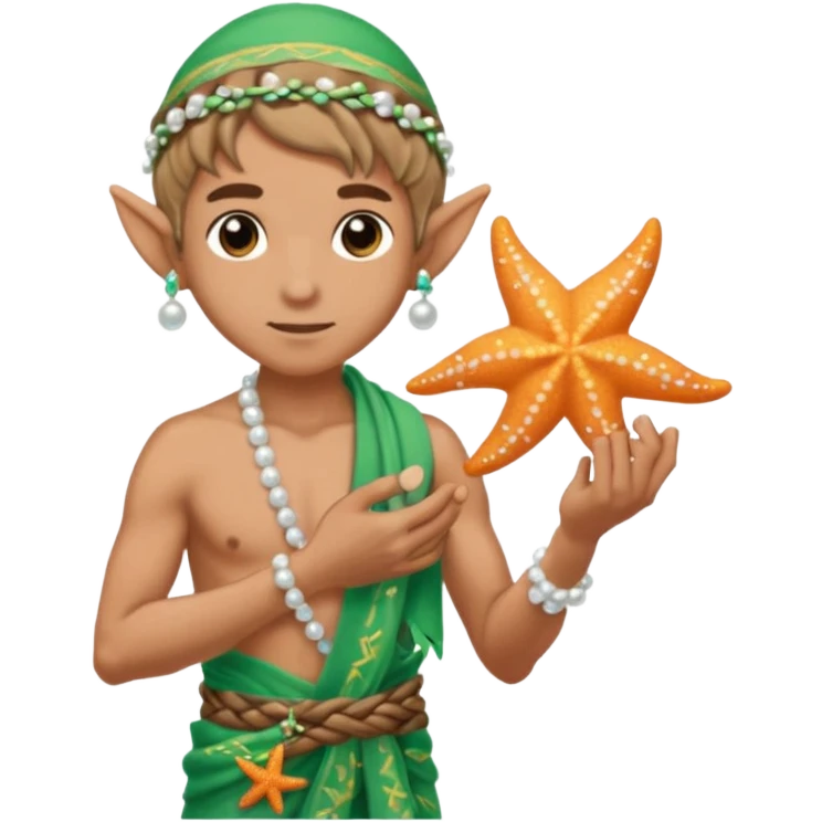 elf male Sarong with bioluminescent embroidery, armful of starfish, hair in a braid with pearl pins, pixel art style emoji