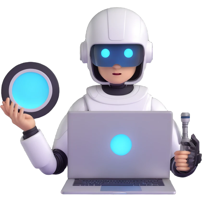 futuristic tech boy with robot helmet, glowing white circle, high-tech laptop, neon cyberpunk room, holographic displays, focused, mysterious emoji