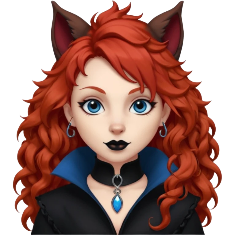  long curly red hair (darker), red pointed ears with black trim, black goth outfits, body and face human, blue eyes, more pointy chin, black lipstick, one big fluffy red squirrel tail with black tips, like the attached photo with more outfits and poses,  emoji