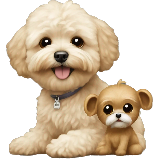 Maltipoo with a small monkey emoji