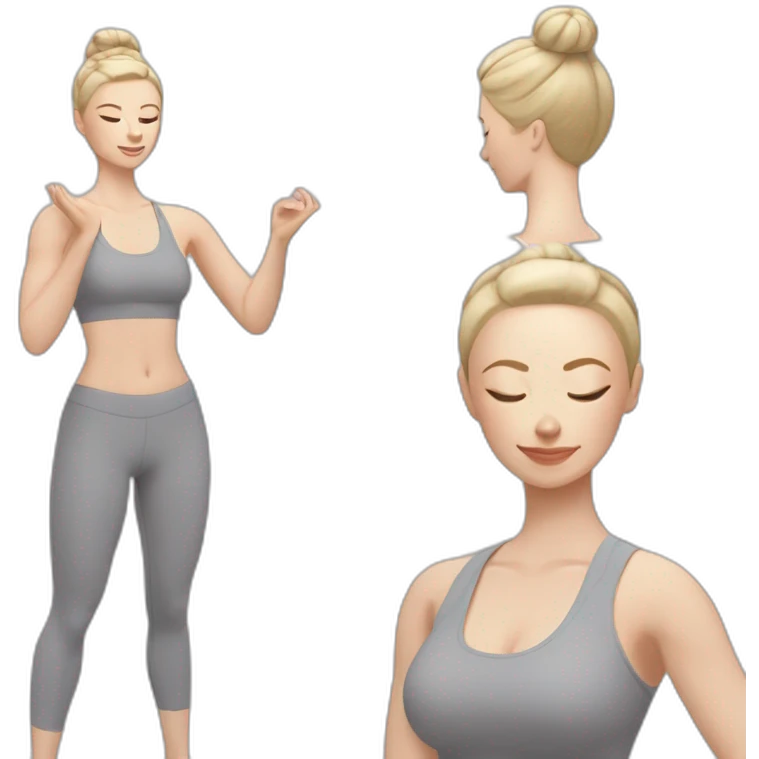 Pale skinned fit woman In a gray tight yoga suit and wristbands With ash blonde hair in a bun doing yoga emoji