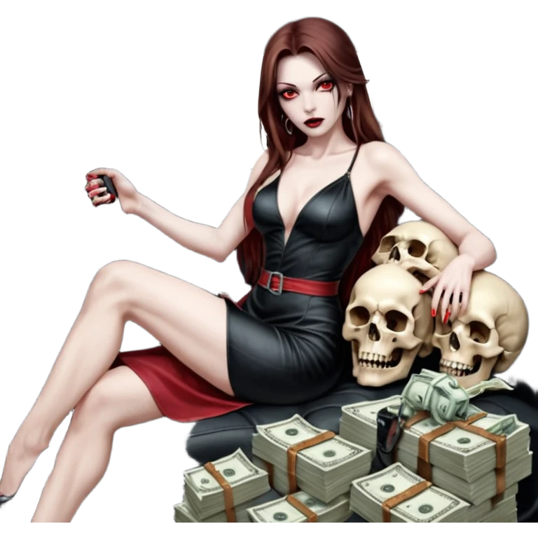 Lilith red eye seductress evil long brown haired sexy succubus woman with leather long dress with slit on, sitting in Big Large F350 pickup truck. Back seat full of stacks of cash, she is  Holding a human skull of her enemies and a gun in other hand emoji