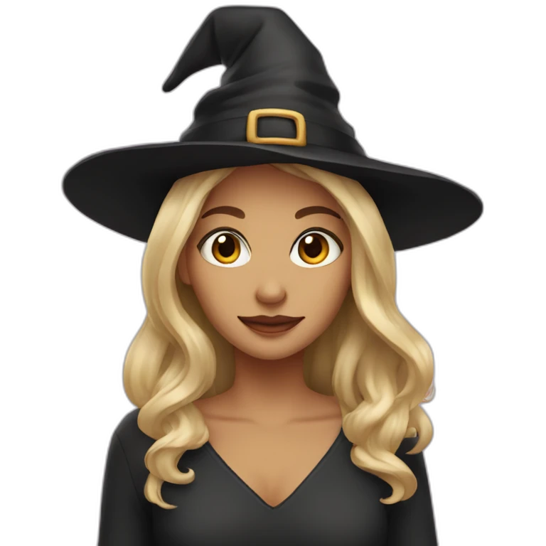blonde with brown eyes, with a witch hat on her head emoji