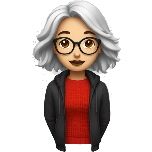 a girl with shoulder length wolf cut and specs wearing red sweater shes white and her hair is black emoji