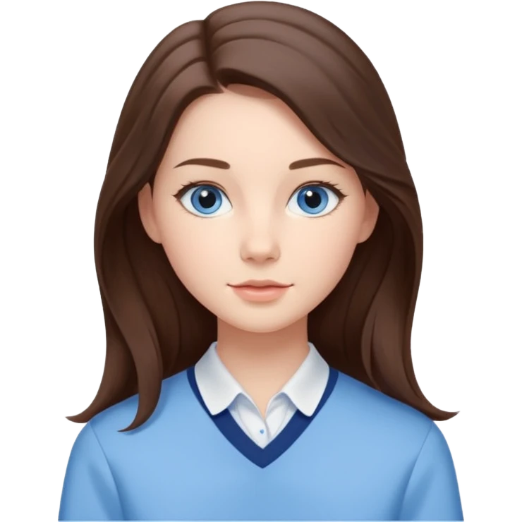 Realistic Student Portrait, with porcelain-like skin featuring a natural rosy flush, iHer Brunette Half-Up Style for Straight  hair flows in soft, Her deep blue eyes radiate warmth and innocence,  wear light blue preppy style. emoji