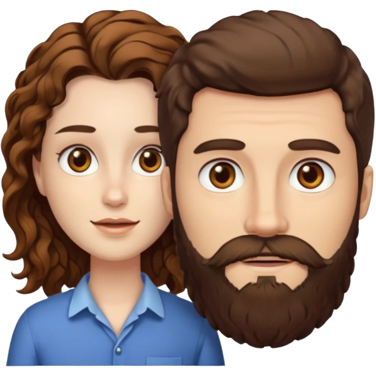 Criar Casal - Homem branco de cabelo liso e olhos marrom, com barba e mulher de pele branca cabelo cacheado marrom longo e olhos mel emoji