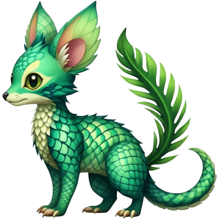 Feral Rare Fantasy vibrant tropical Vernid-Trico-species-creature by LiLaiRa, random markings, tufted tail, tufted ears, full body emoji