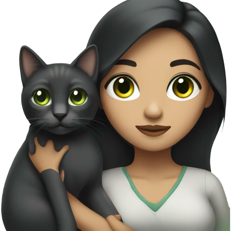 A Hispanic woman with  long black hair holding a Dark graycat with light green eyes emoji