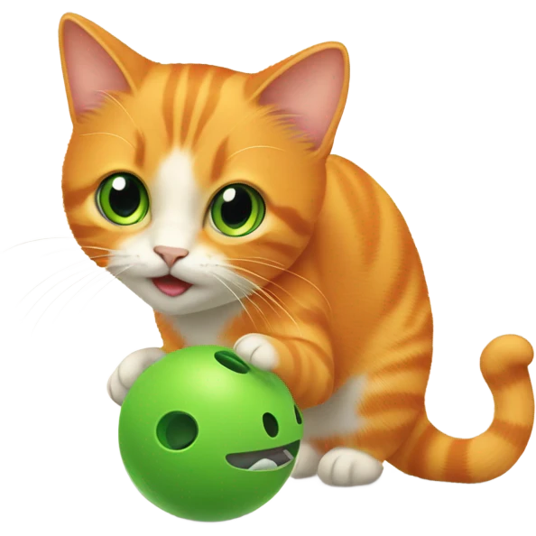 Orange cat playing with a green toy mouse emoji