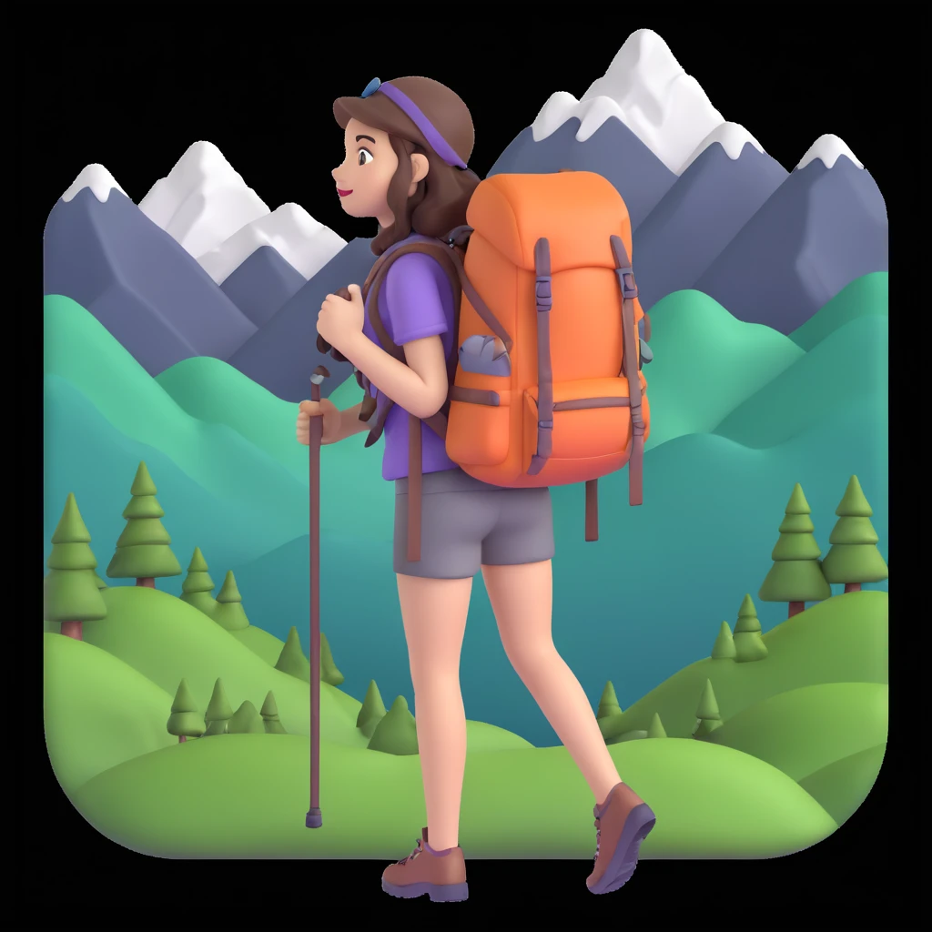 girl back packing mountains in background, close up pose emoji