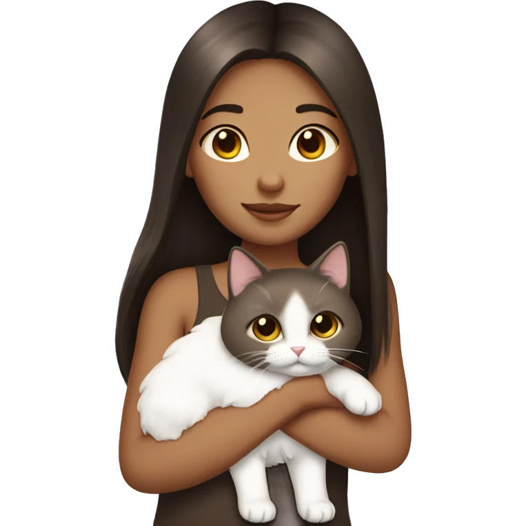 Dark brown straight hair girl holding white fluffy cat  emoji