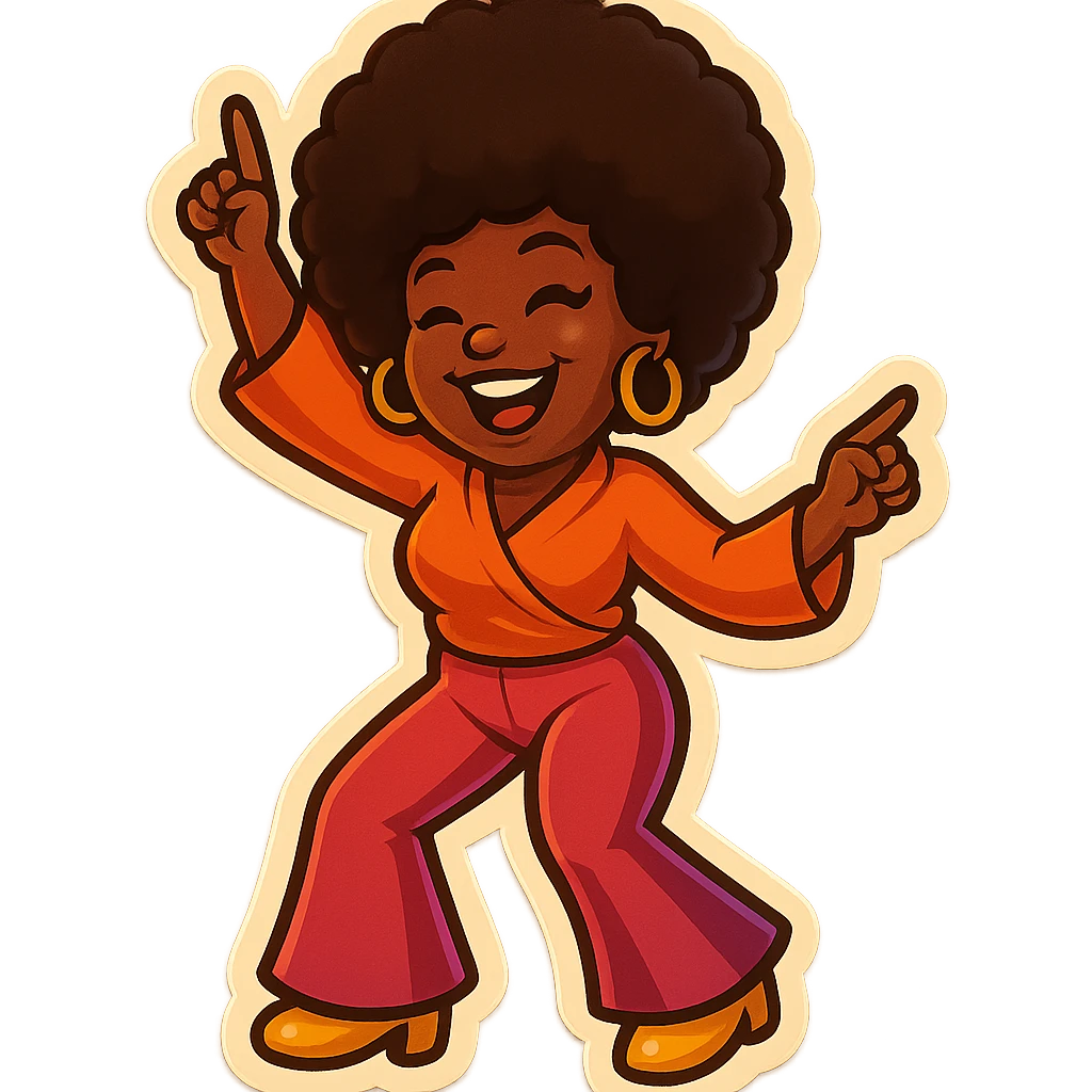 Create an emoji of a female African American in 1970s disco style. Capture her joyful expression, afro hairstyle, and similar outfit pattern, in a dancing pose with vibrant disco flair, in retro stickers style. emoji
