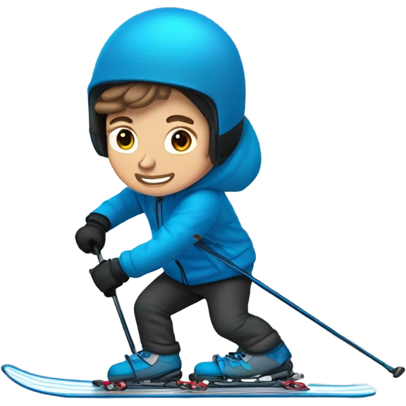 white Boy with wavy brown hair skiing with blue skis. He is wearing all black snow pants and a GRAY jacket   emoji