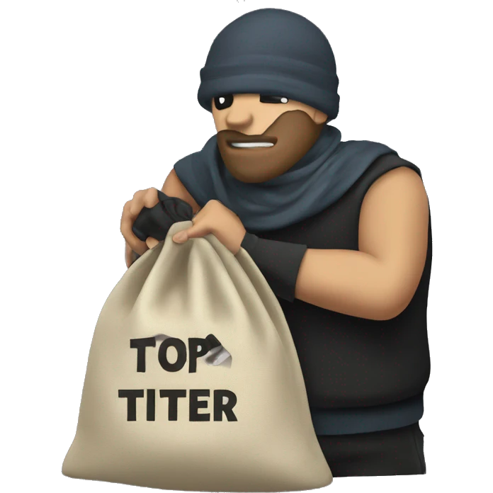 Thief stealing a bag of money that has the word Toptier embroidered on it emoji