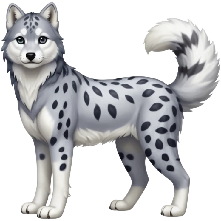 Realistic lanky natural feral beautiful pretty "Schnolf"-"TaniDaReal"-Husky-Snow-leopard-wolf-hybrid-fusion-animal-creature, full body, with whiskers, thick long fluffy puffy limp feline tail emoji