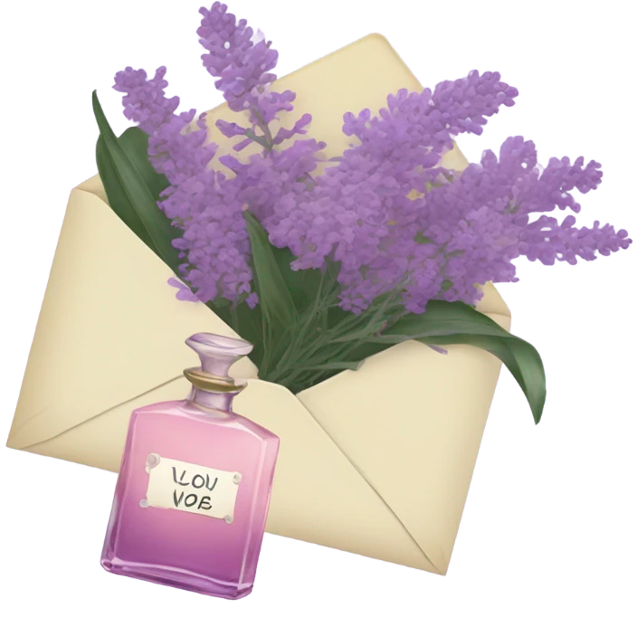 Aesthetic still life of soft violet mimosa flowers, a vintage-style pink perfume bottle, and a lavender love note delicately placed in an envelope.
 emoji