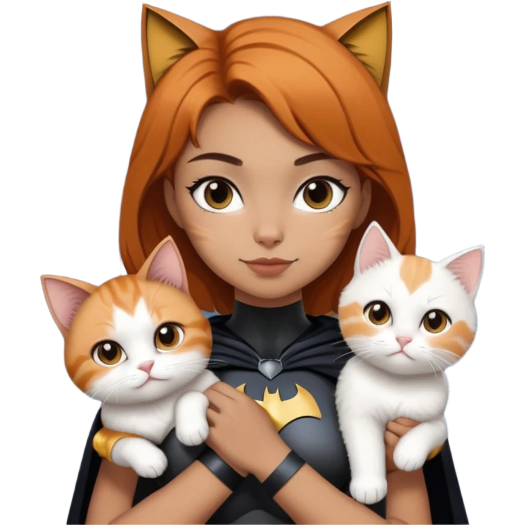 a girl with short dark hair holding 2 cats, ginger cat and white fluffy cat that looks like batman the superhero emoji