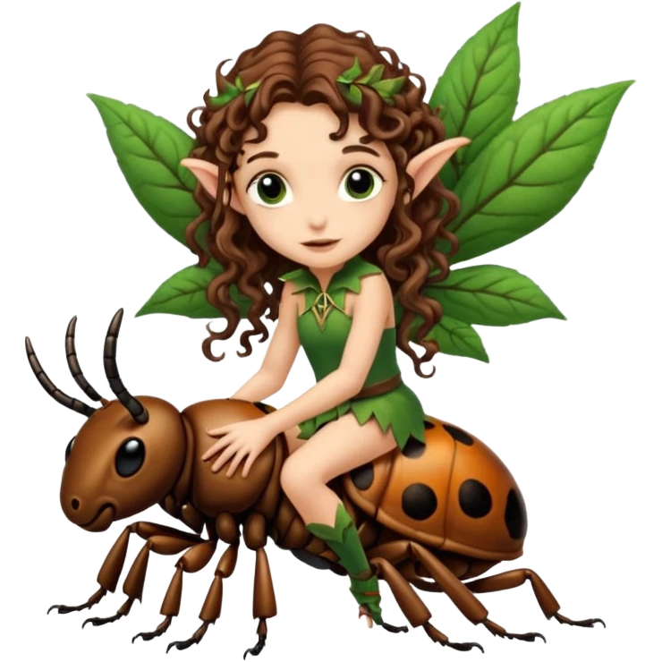 tiny forest elf long curly brown hair tattoos riding beetle emoji