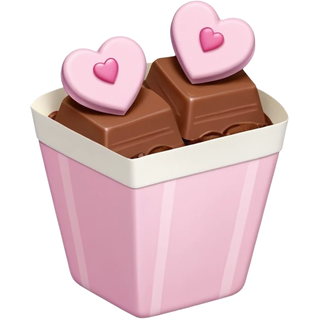 Two glossy square milk chocolate pralines placed diagonally, each in a white ridged paper cup, topped with a soft pastel pink heart icing with subtle sugar sparkle.
Cute minimal emoji-style, realistic and polished, clean studio lighting, pure white background, smooth 3D render, high resolution. emoji
