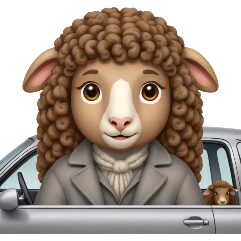 a sheep with long brown curly hair and brown eyes on a grey car emoji
