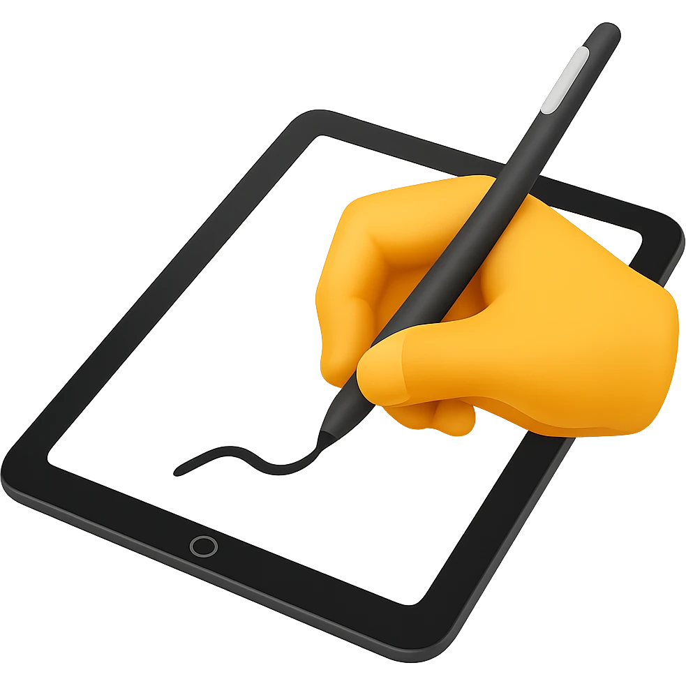 Add a hand drawing something on the digital tablet with stylus in emoji style, no background, vibrant and clear colors, simple and concise emoji look emoji