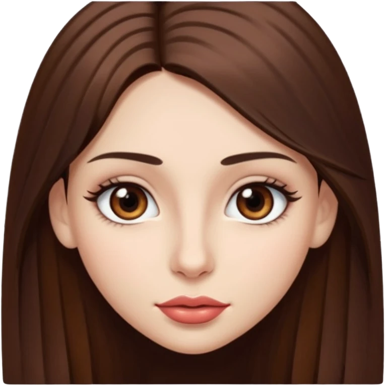Una chica con piel muy clarita con pleo liso largo de color castaño y unos ojos marrones oscuro y labios grandes y nariz bonita y con unas pestañas emoji