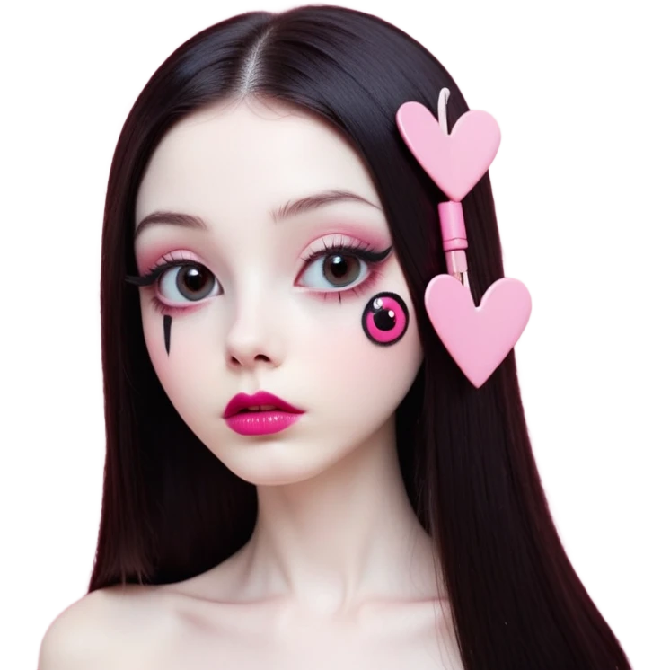 girl with white skin, dark brown long realistic straight hair with middle part prominently falling in front of her body over her shoulders, lips with reddish-pink shiny lip gloss and absolutely no cupid's bow, big round eyes with very black shiny eyeballs and long eyelashes, light pink blush on cheeks, no eyeshadow, lighter button nose, exceptionally elongated very long oval-shaped face, wearing a pink off-shoulder top, looking directly at camera with hands down at sides emoji